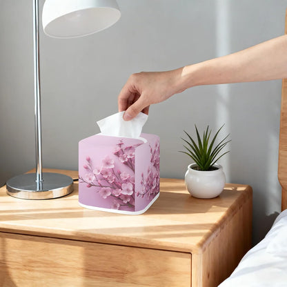 Flower Tissue Box Cover, Pink Purple Peach Blossom Square Fabric Tissue Box Holder, Reusable Toilet Paper Dispenser for Bathroom Home Car Nightstand Storage Organizer 5" x 5" x 5.5"