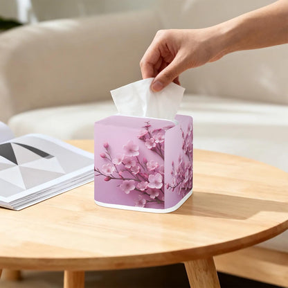 Flower Tissue Box Cover, Pink Purple Peach Blossom Square Fabric Tissue Box Holder, Reusable Toilet Paper Dispenser for Bathroom Home Car Nightstand Storage Organizer 5" x 5" x 5.5"