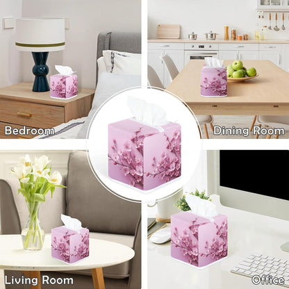 Flower Tissue Box Cover, Pink Purple Peach Blossom Square Fabric Tissue Box Holder, Reusable Toilet Paper Dispenser for Bathroom Home Car Nightstand Storage Organizer 5" x 5" x 5.5"