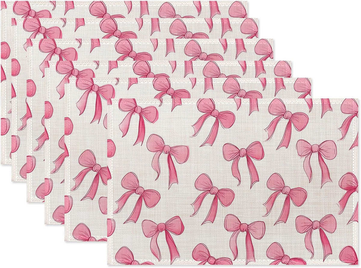 Pink Cute Bow Placemats Set of 6,Dinner Table Mats Non-Slip Washable Mats for Kitchen Dinner Party Tablemat 12x18Inch