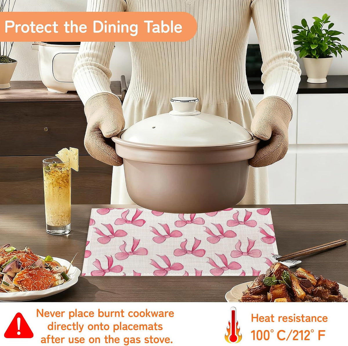 Pink Cute Bow Placemats Set of 6,Dinner Table Mats Non-Slip Washable Mats for Kitchen Dinner Party Tablemat 12x18Inch
