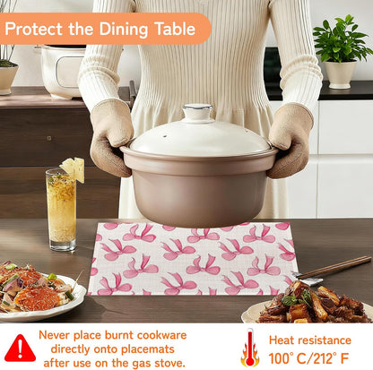 Pink Cute Bow Placemats Set of 6,Dinner Table Mats Non-Slip Washable Mats for Kitchen Dinner Party Tablemat 12x18Inch