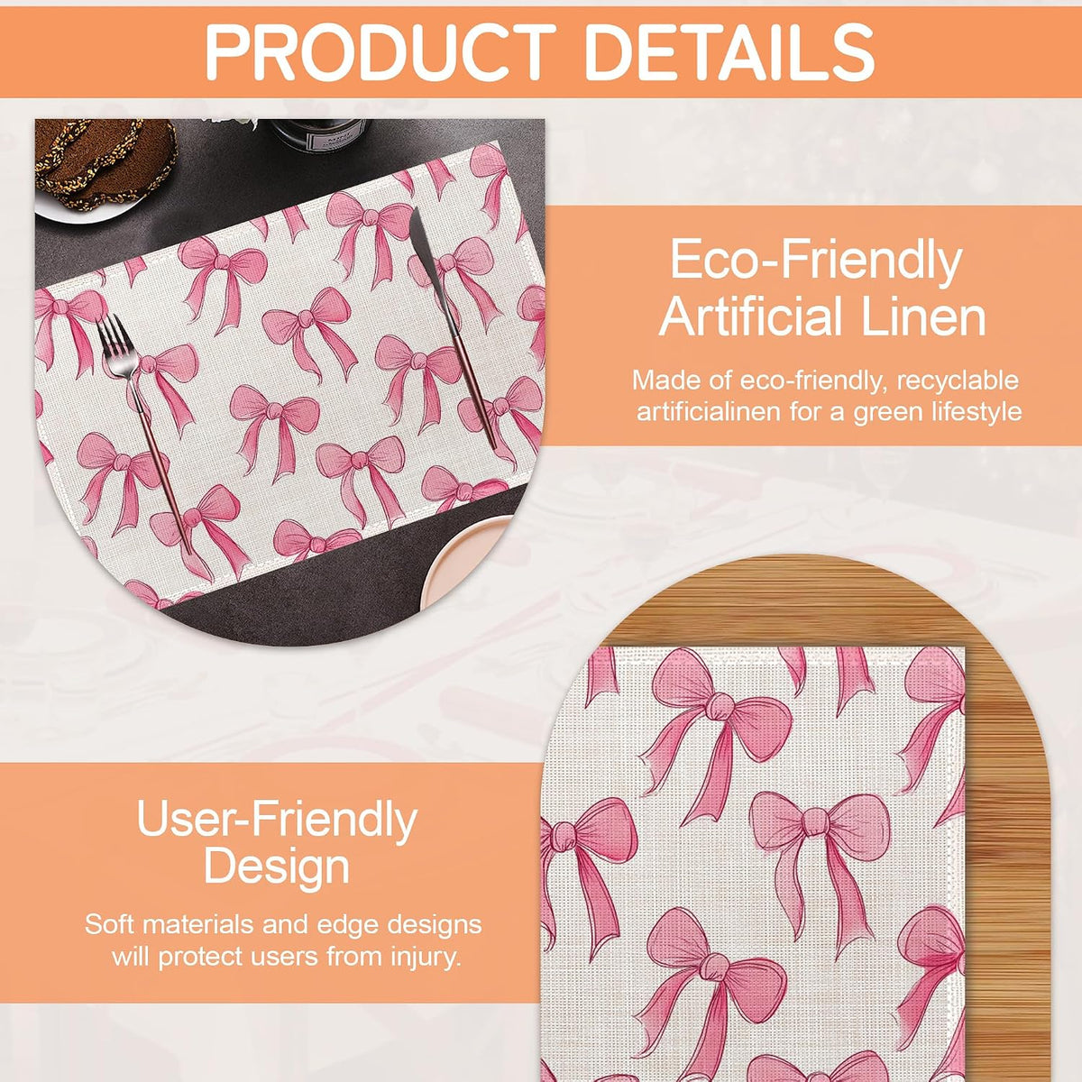 Pink Cute Bow Placemats Set of 6,Dinner Table Mats Non-Slip Washable Mats for Kitchen Dinner Party Tablemat 12x18Inch