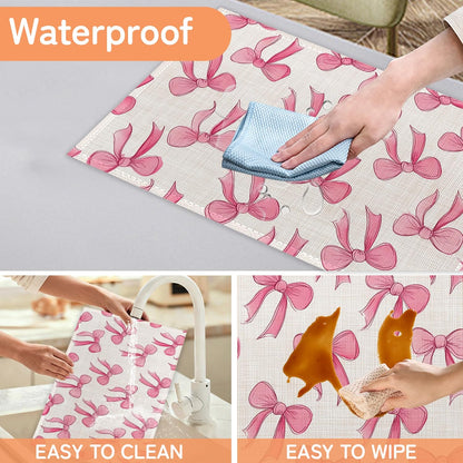 Pink Cute Bow Placemats Set of 6,Dinner Table Mats Non-Slip Washable Mats for Kitchen Dinner Party Tablemat 12x18Inch