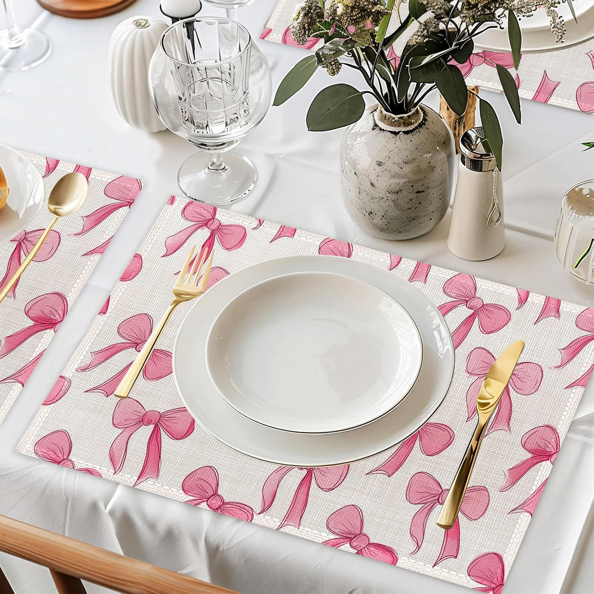 Pink Cute Bow Placemats Set of 6,Dinner Table Mats Non-Slip Washable Mats for Kitchen Dinner Party Tablemat 12x18Inch