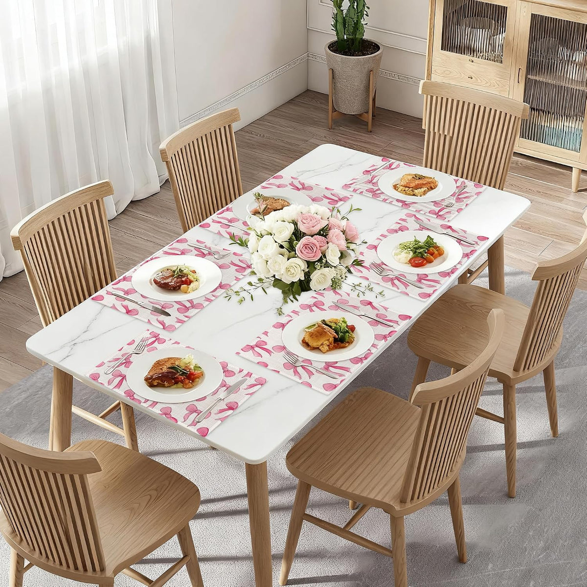 Pink Cute Bow Placemats Set of 6,Dinner Table Mats Non-Slip Washable Mats for Kitchen Dinner Party Tablemat 12x18Inch