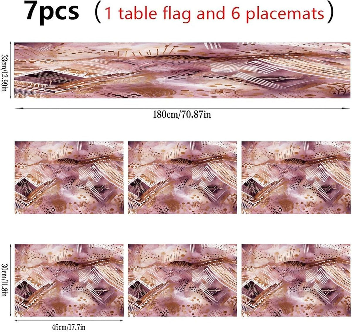 Pretty Peach Pattern Placemats and Table Runner Set, Washable Linen Place Mats for Home Wedding Hotel Decoration (1 Table Runner and 6 Placemats)