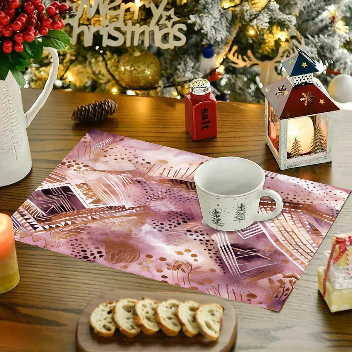 Pretty Peach Pattern Placemats and Table Runner Set, Washable Linen Place Mats for Home Wedding Hotel Decoration (1 Table Runner and 6 Placemats)
