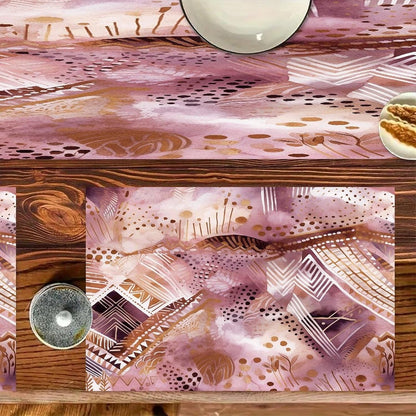Pretty Peach Pattern Placemats and Table Runner Set, Washable Linen Place Mats for Home Wedding Hotel Decoration (1 Table Runner and 6 Placemats)