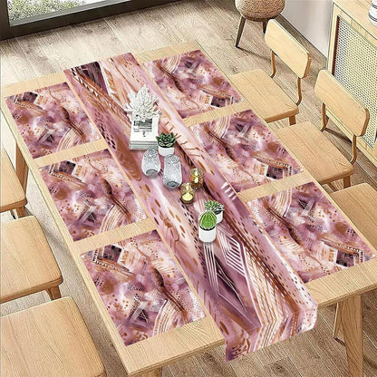 Pretty Peach Pattern Placemats and Table Runner Set, Washable Linen Place Mats for Home Wedding Hotel Decoration (1 Table Runner and 6 Placemats)