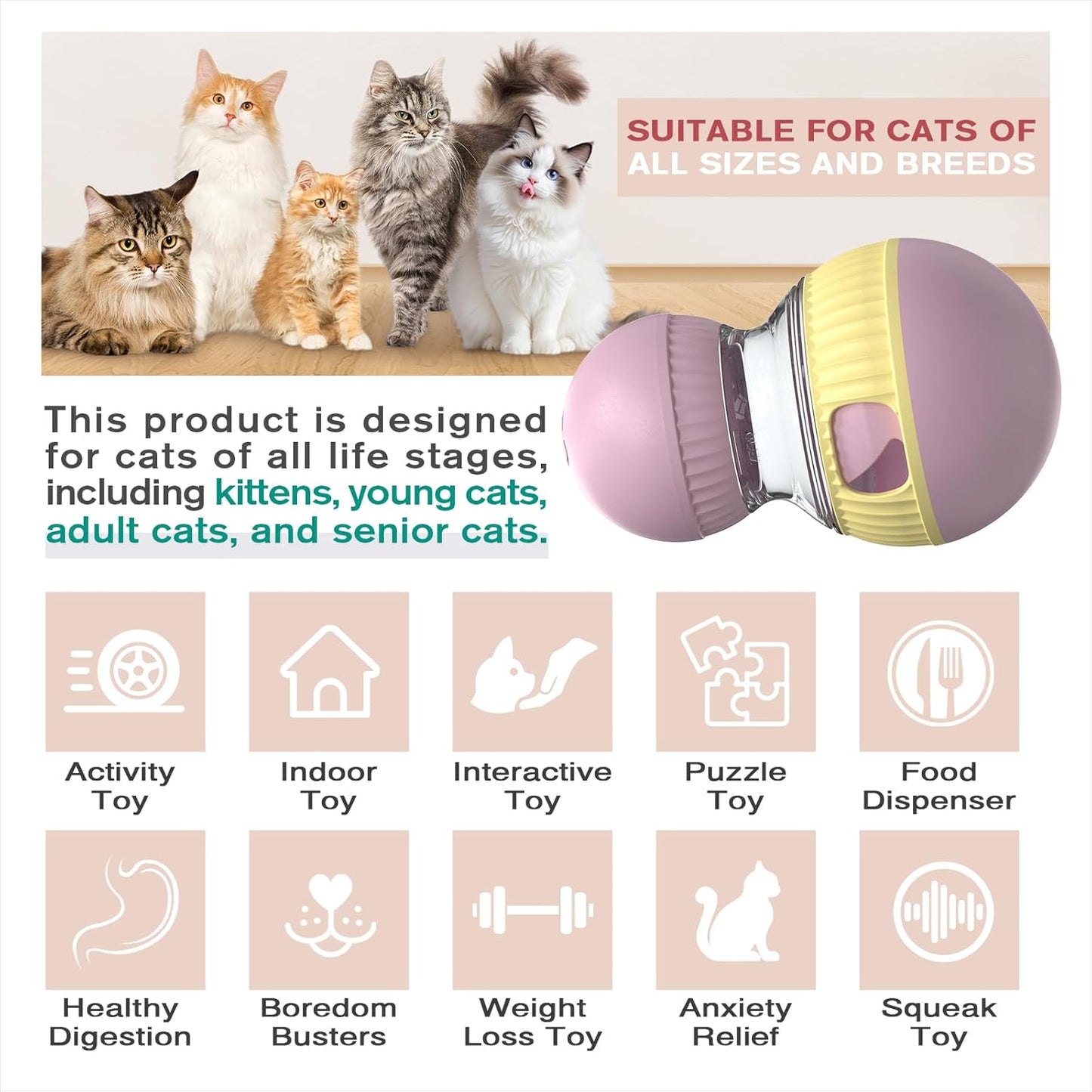 TLKNG Cat Treat Dispensing Toy Kitten Puzzle Feeder & Food Dispenser Ball - Kitty Enrichment Toys for Indoor Cats Kitty Stimulating Tous