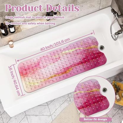Marble Bath Tub Mat Non Slip, Pink Marble Non Slip Bath Mat for Shower, Large Washable Shower mats for Showers with Drain Holes and Suction Cups,40 X 16 Inch