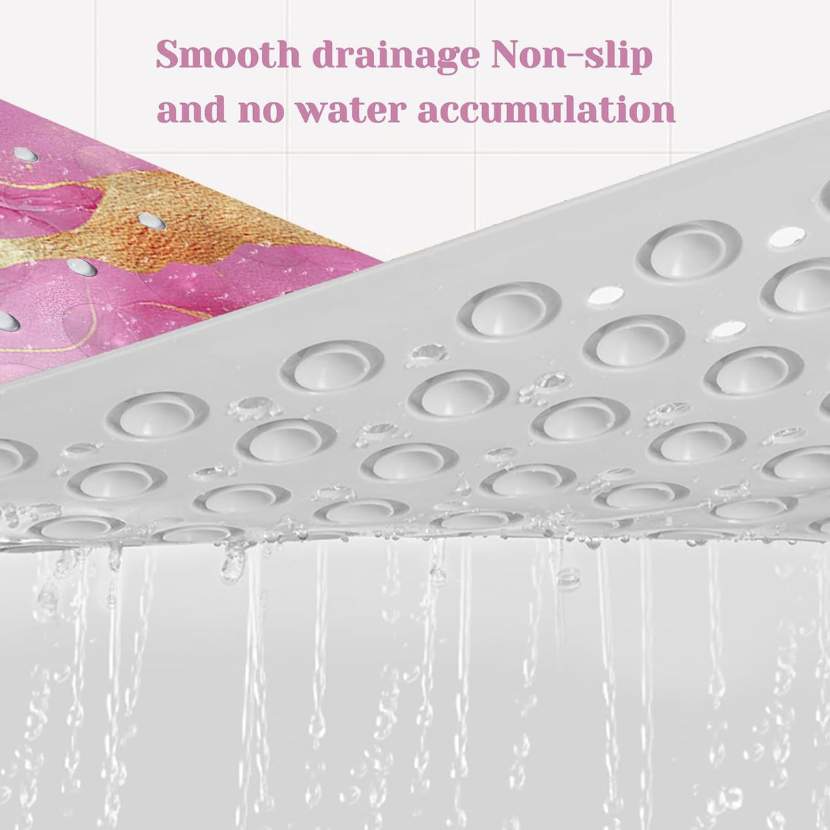Marble Bath Tub Mat Non Slip, Pink Marble Non Slip Bath Mat for Shower, Large Washable Shower mats for Showers with Drain Holes and Suction Cups,40 X 16 Inch