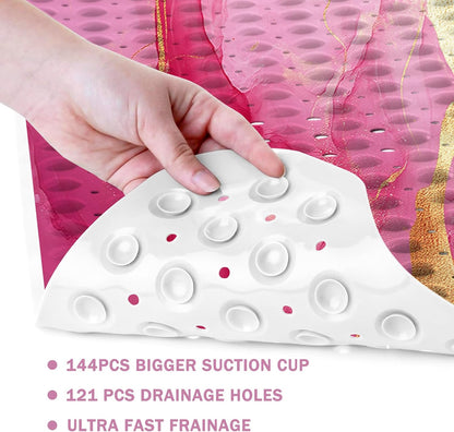 Marble Bath Tub Mat Non Slip, Pink Marble Non Slip Bath Mat for Shower, Large Washable Shower mats for Showers with Drain Holes and Suction Cups,40 X 16 Inch