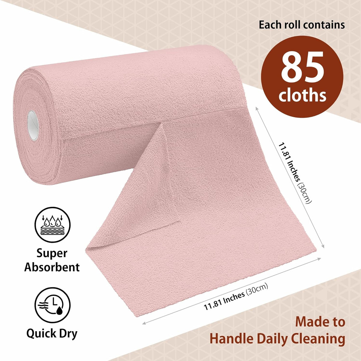 Microfiber Cleaning Cloth Roll, 85 Pack Tear-Away Reusable Paper Towel Alternative, Ultra Absorbent, Lint-Free Towels for Kitchen, Car, Home & All-Purpose Cleaning, 11.81" x 11.81", Pink