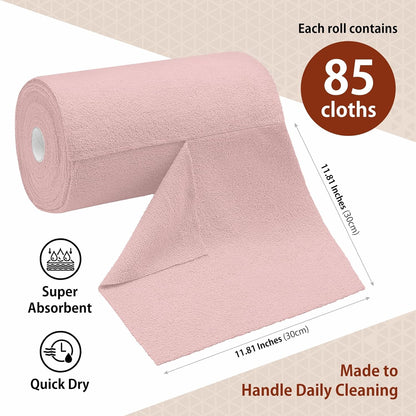 Microfiber Cleaning Cloth Roll, 85 Pack Tear-Away Reusable Paper Towel Alternative, Ultra Absorbent, Lint-Free Towels for Kitchen, Car, Home & All-Purpose Cleaning, 11.81" x 11.81", Pink