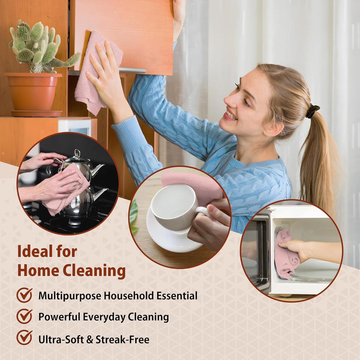 Microfiber Cleaning Cloth Roll, 85 Pack Tear-Away Reusable Paper Towel Alternative, Ultra Absorbent, Lint-Free Towels for Kitchen, Car, Home & All-Purpose Cleaning, 11.81" x 11.81", Pink