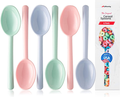 Plastic Cereal Spoons, Set of 6-7 Inch Kids Spoons in Pink, Green, Blue - Reusable Tablespoons for Soup, Yogurt, Ice Cream, Everyday Family Use, Dishwasher Safe, Made in USA