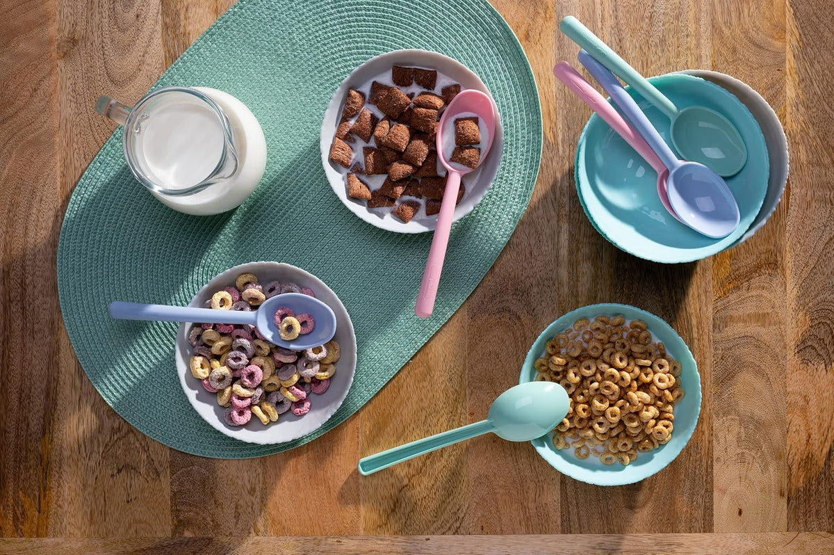 Plastic Cereal Spoons, Set of 6-7 Inch Kids Spoons in Pink, Green, Blue - Reusable Tablespoons for Soup, Yogurt, Ice Cream, Everyday Family Use, Dishwasher Safe, Made in USA