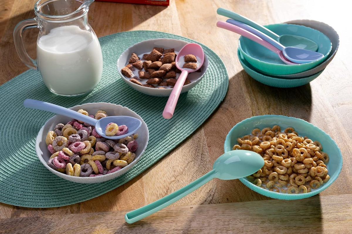 Plastic Cereal Spoons, Set of 6-7 Inch Kids Spoons in Pink, Green, Blue - Reusable Tablespoons for Soup, Yogurt, Ice Cream, Everyday Family Use, Dishwasher Safe, Made in USA