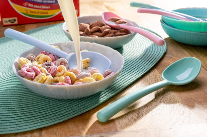 Plastic Cereal Spoons, Set of 6-7 Inch Kids Spoons in Pink, Green, Blue - Reusable Tablespoons for Soup, Yogurt, Ice Cream, Everyday Family Use, Dishwasher Safe, Made in USA