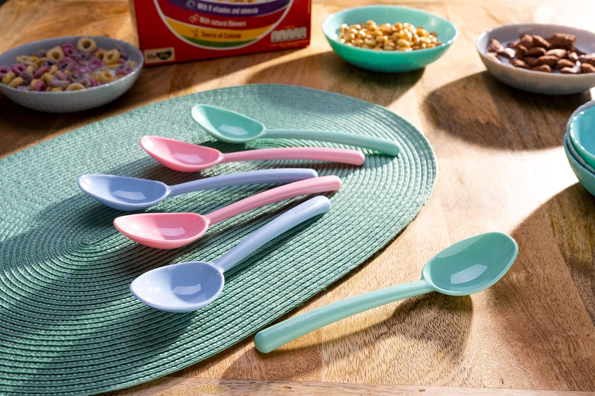 Plastic Cereal Spoons, Set of 6-7 Inch Kids Spoons in Pink, Green, Blue - Reusable Tablespoons for Soup, Yogurt, Ice Cream, Everyday Family Use, Dishwasher Safe, Made in USA