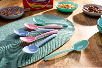 Plastic Cereal Spoons, Set of 6-7 Inch Kids Spoons in Pink, Green, Blue - Reusable Tablespoons for Soup, Yogurt, Ice Cream, Everyday Family Use, Dishwasher Safe, Made in USA