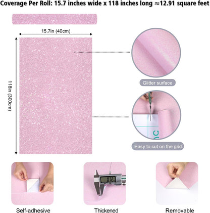 Holographic Pink Glitter Wallpaper Stick and Peel Sparkle Glitter Contact Paper for Girls Dresser Desk Shelves Fridge Self Adhesive Removable Pink Wall Paper Thick Fabric Wrap 15.7"x118"