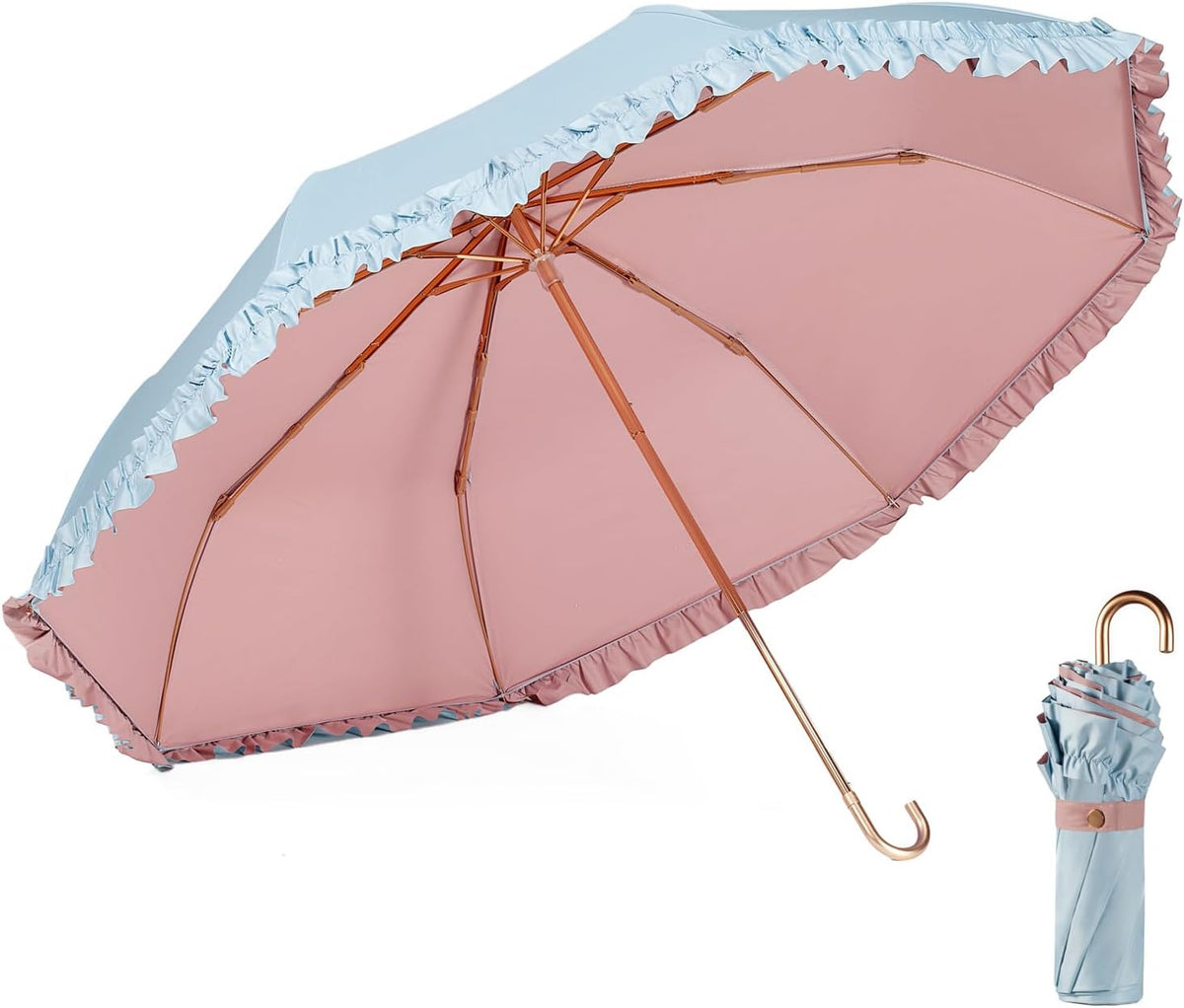 Floral Edge Compact Umbrella Folding Anti-UV Parasol with Hook Handle Sunproof Rainproof & Windproof Umbrella