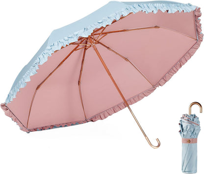 Floral Edge Compact Umbrella Folding Anti-UV Parasol with Hook Handle Sunproof Rainproof & Windproof Umbrella