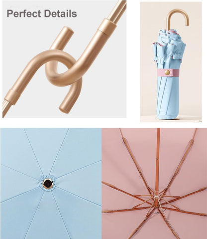 Floral Edge Compact Umbrella Folding Anti-UV Parasol with Hook Handle Sunproof Rainproof & Windproof Umbrella
