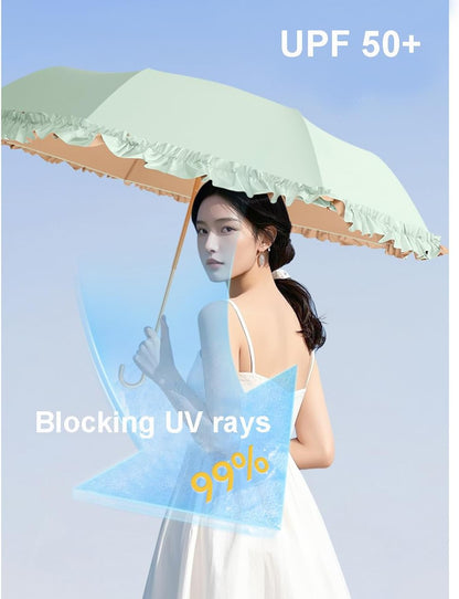Floral Edge Compact Umbrella Folding Anti-UV Parasol with Hook Handle Sunproof Rainproof & Windproof Umbrella
