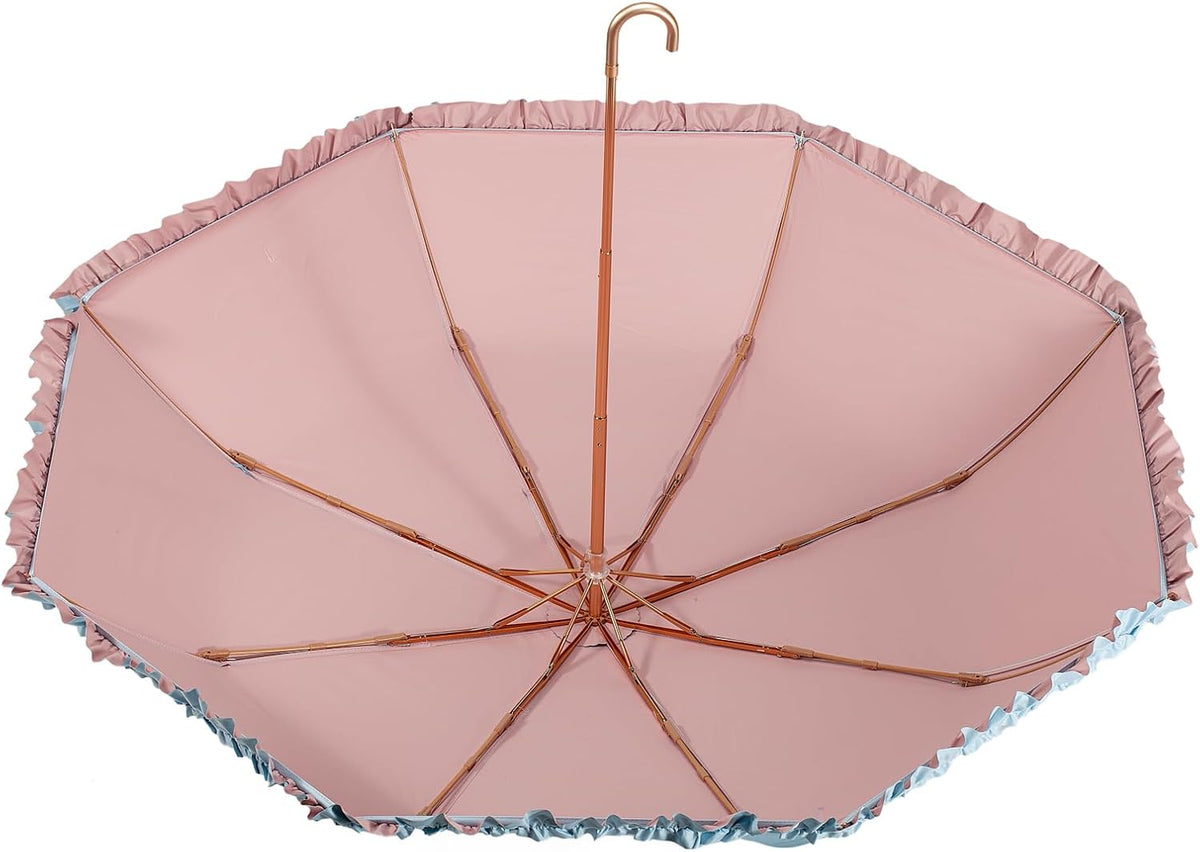Floral Edge Compact Umbrella Folding Anti-UV Parasol with Hook Handle Sunproof Rainproof & Windproof Umbrella