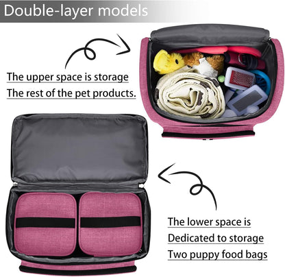 Pet Travel Bag, Double-Layer Pet Supplies Backpack (for All Pet Travel Supplies), Pet Travel Backpack with 2 Silicone Collapsible Bowls and 2 Food Baskets Pink