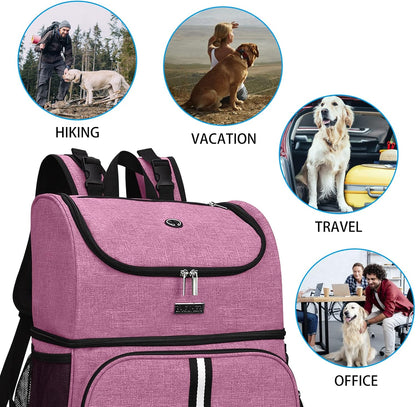 Pet Travel Bag, Double-Layer Pet Supplies Backpack (for All Pet Travel Supplies), Pet Travel Backpack with 2 Silicone Collapsible Bowls and 2 Food Baskets Pink
