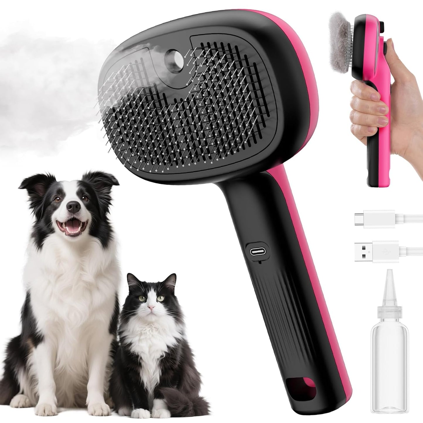 Self-Cleaning Steam Dog Cat Brush for Heavy Shedding/Long Coats Pink | Gentle, Undercoat removal & smoothing, Shedding control, For water-anxious pets, 2 cool mist modes, XL tank, 240-min runtime