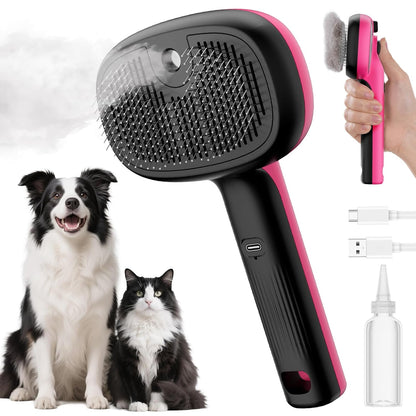 Self-Cleaning Steam Dog Cat Brush for Heavy Shedding/Long Coats Pink | Gentle, Undercoat removal & smoothing, Shedding control, For water-anxious pets, 2 cool mist modes, XL tank, 240-min runtime