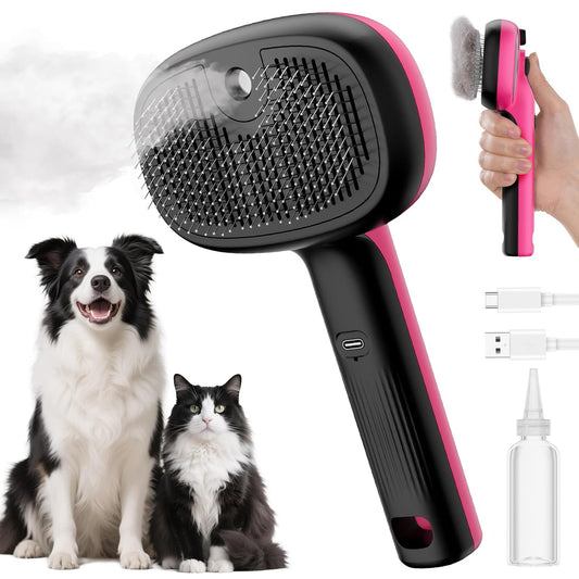 Self-Cleaning Steam Dog Cat Brush for Heavy Shedding/Long Coats Pink | Gentle, Undercoat removal & smoothing, Shedding control, For water-anxious pets, 2 cool mist modes, XL tank, 240-min runtime
