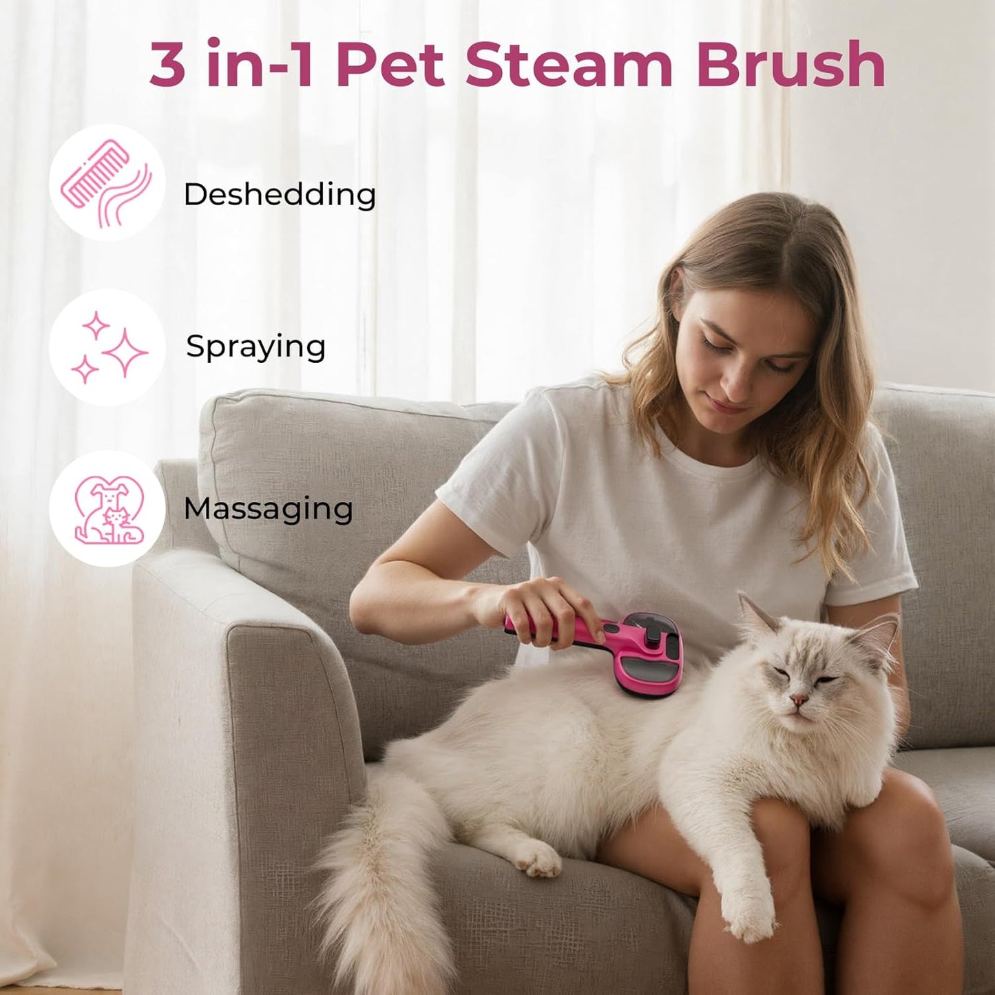 Self-Cleaning Steam Dog Cat Brush for Heavy Shedding/Long Coats Pink | Gentle, Undercoat removal & smoothing, Shedding control, For water-anxious pets, 2 cool mist modes, XL tank, 240-min runtime