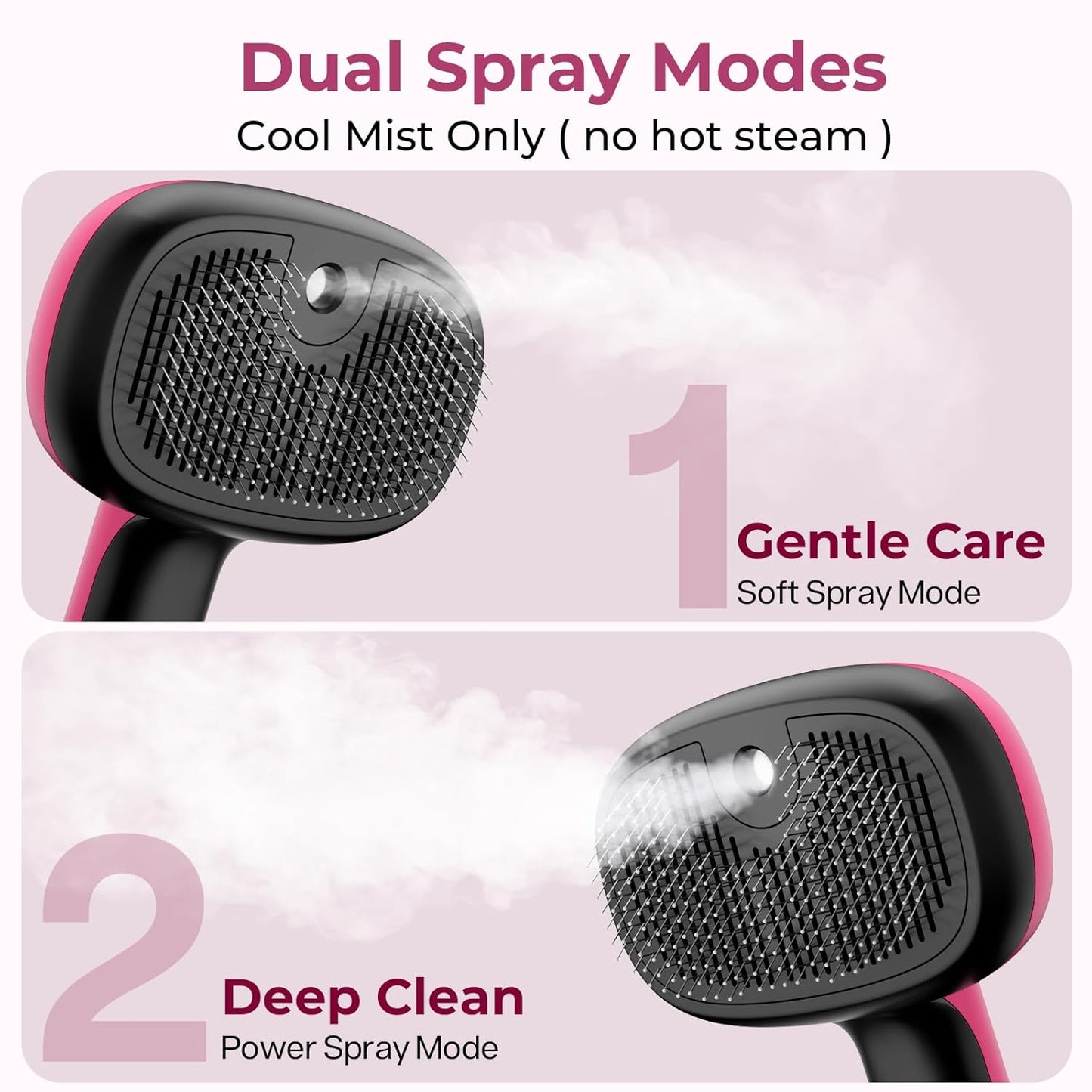 Self-Cleaning Steam Dog Cat Brush for Heavy Shedding/Long Coats Pink | Gentle, Undercoat removal & smoothing, Shedding control, For water-anxious pets, 2 cool mist modes, XL tank, 240-min runtime