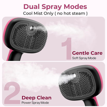 Self-Cleaning Steam Dog Cat Brush for Heavy Shedding/Long Coats Pink | Gentle, Undercoat removal & smoothing, Shedding control, For water-anxious pets, 2 cool mist modes, XL tank, 240-min runtime