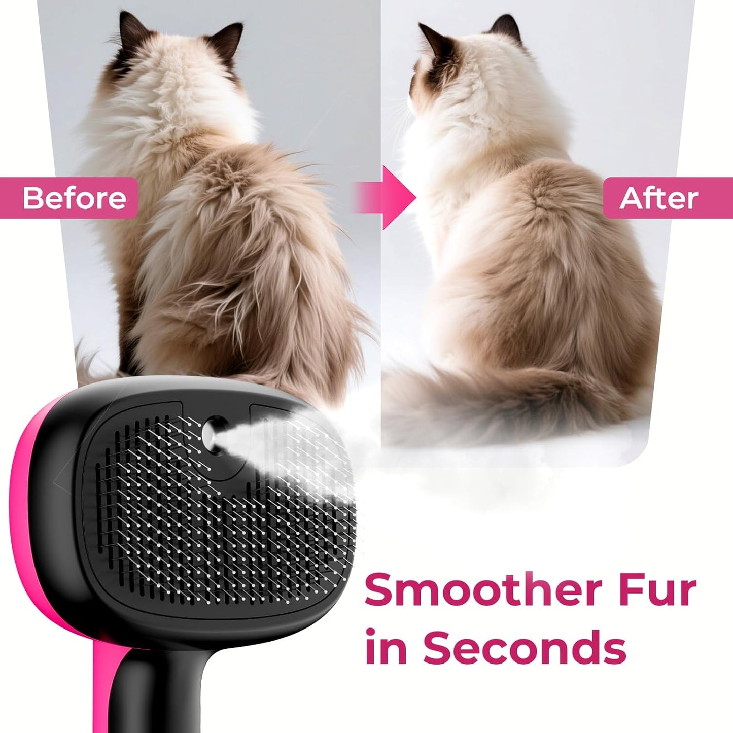 Self-Cleaning Steam Dog Cat Brush for Heavy Shedding/Long Coats Pink | Gentle, Undercoat removal & smoothing, Shedding control, For water-anxious pets, 2 cool mist modes, XL tank, 240-min runtime