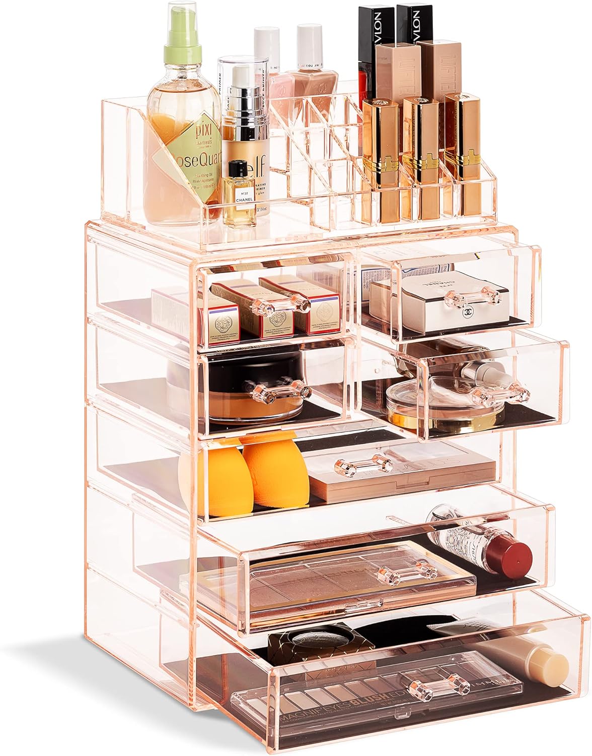 Makeup Organizer, 7-Drawer Acrylic 2-Piece Set (Pink)
