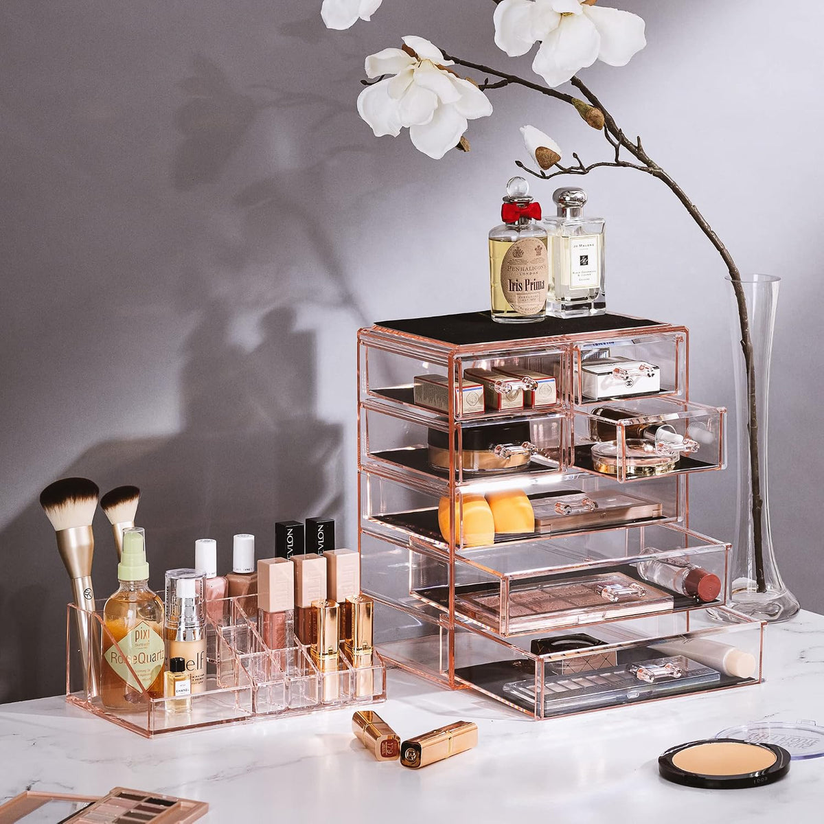 Makeup Organizer, 7-Drawer Acrylic 2-Piece Set (Pink)