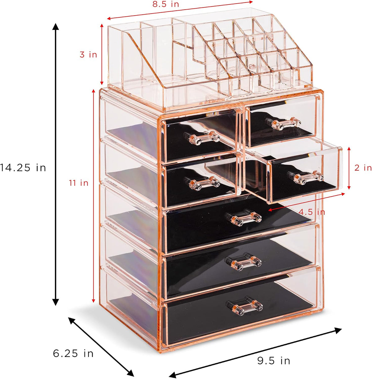 Makeup Organizer, 7-Drawer Acrylic 2-Piece Set (Pink)