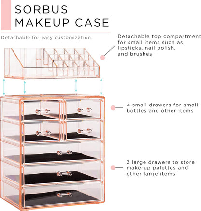 Makeup Organizer, 7-Drawer Acrylic 2-Piece Set (Pink)
