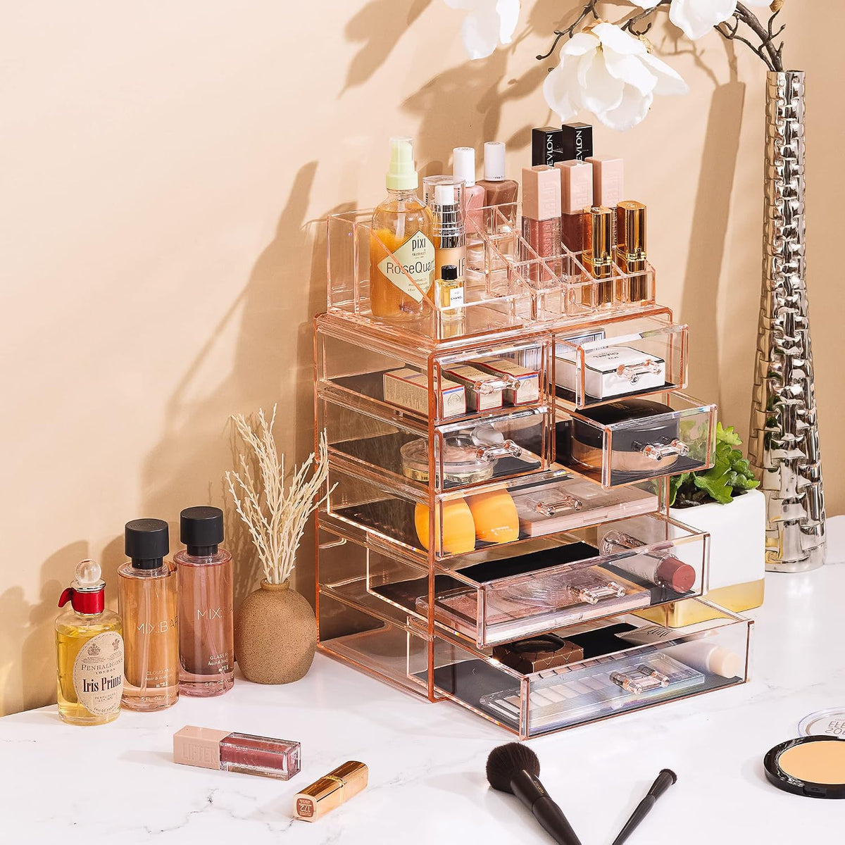 Makeup Organizer, 7-Drawer Acrylic 2-Piece Set (Pink)