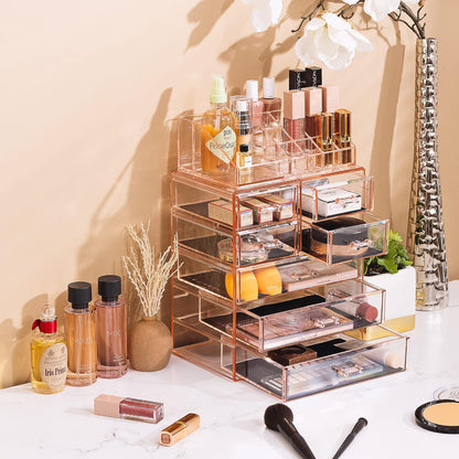 Makeup Organizer, 7-Drawer Acrylic 2-Piece Set (Pink)