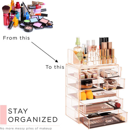 Makeup Organizer, 7-Drawer Acrylic 2-Piece Set (Pink)