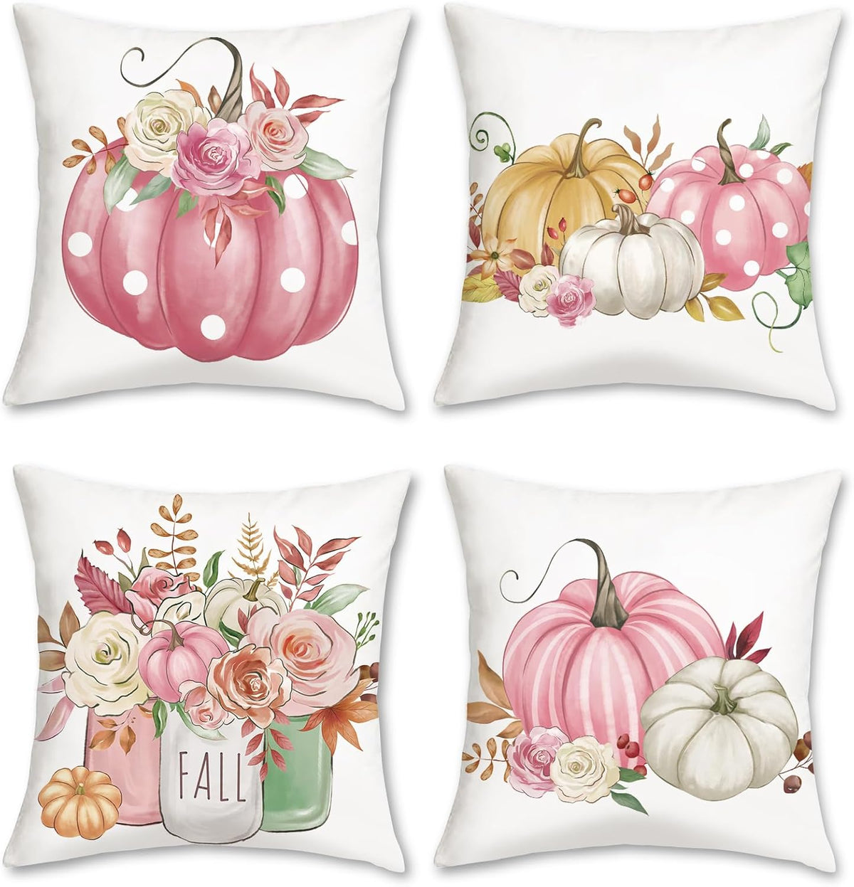 Fall Pumpkin Throw Pillow Covers, Pink Pumpkins Flowers Autumn Velvety Decorative Pillowcases for Sofa Bed Home Patio Set of 4, 18 x 18 Inches